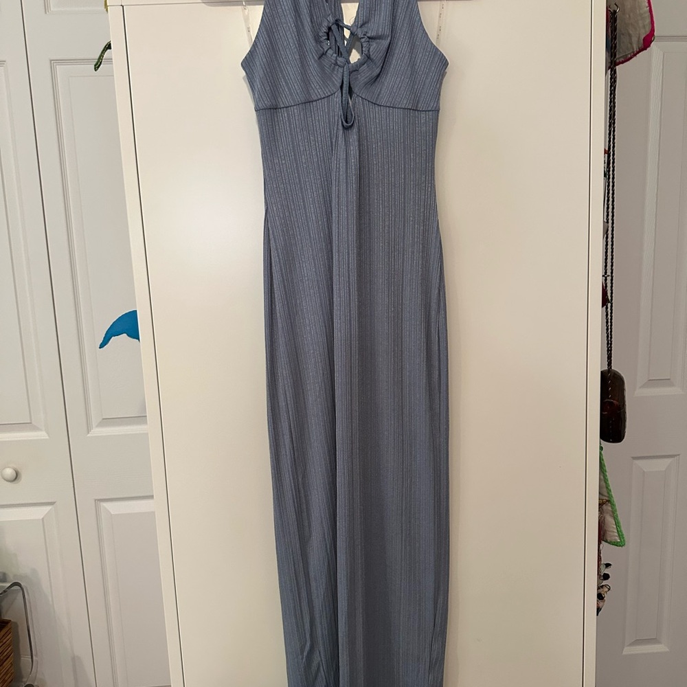 Iris Denim Blue ribbed Halter Sleeveless Maxi Dress L